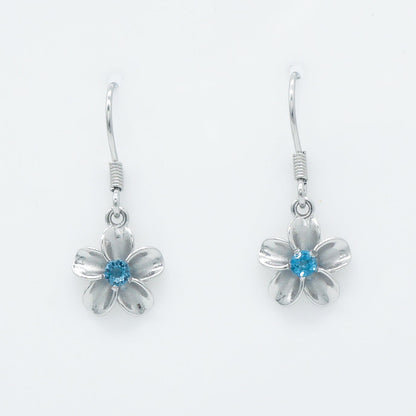Hawaiian Plumeria Flower Blue Topaz Dangle Earrings - 925 Sterling Silver