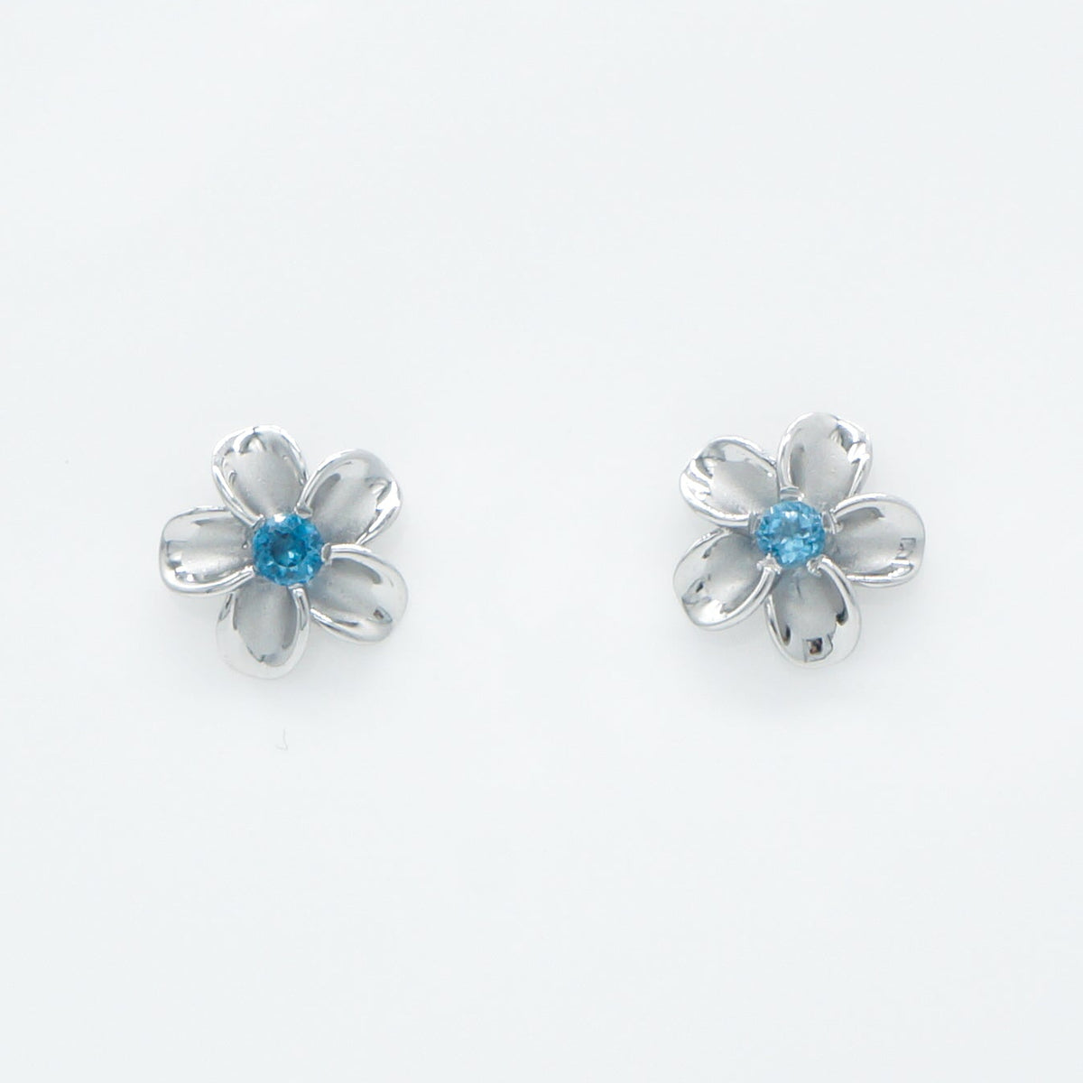 Hawaiian Plumeria Flower Blue Topaz Stud Earrings - 925 Sterling Silver