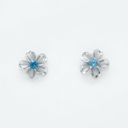 Hawaiian Plumeria Flower Blue Topaz Stud Earrings - 925 Sterling Silver