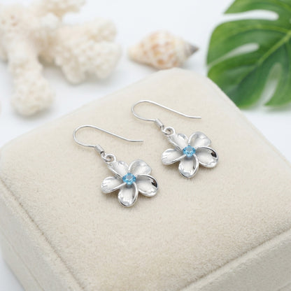 Hawaiian Plumeria Flower Blue Topaz Dangle Earrings - 925 Sterling Silver