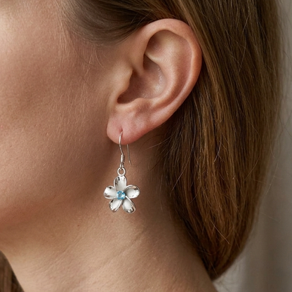 Hawaiian Plumeria Flower Blue Topaz Dangle Earrings - 925 Sterling Silver