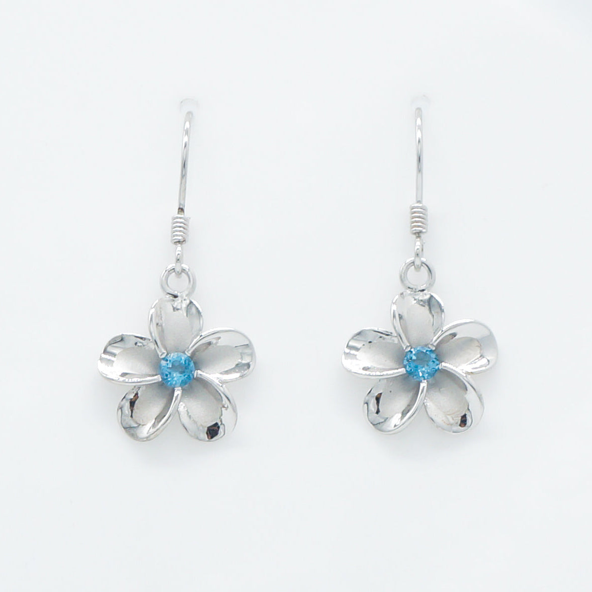 Hawaiian Plumeria Flower Blue Topaz Dangle Earrings - 925 Sterling Silver