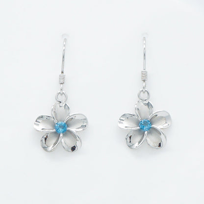Hawaiian Plumeria Flower Blue Topaz Dangle Earrings - 925 Sterling Silver
