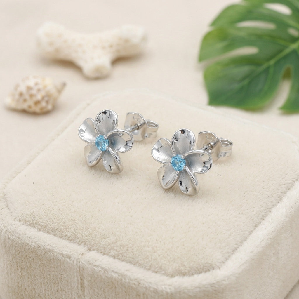 Hawaiian Plumeria Flower Blue Topaz Stud Earrings - 925 Sterling Silver