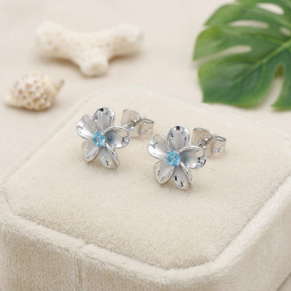 Hawaiian Plumeria Flower Blue Topaz Stud Earrings - 925 Sterling Silver