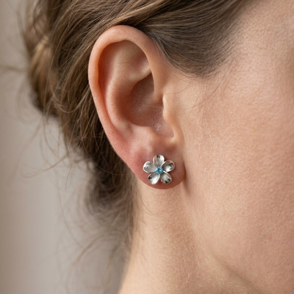 Hawaiian Plumeria Flower Blue Topaz Stud Earrings - 925 Sterling Silver
