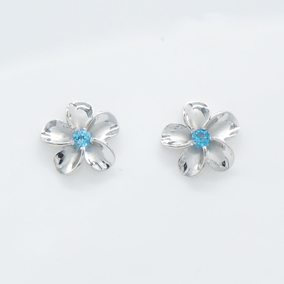 Hawaiian Plumeria Flower Blue Topaz Stud Earrings - 925 Sterling Silver