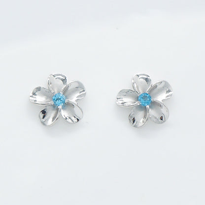 Hawaiian Plumeria Flower Blue Topaz Stud Earrings - 925 Sterling Silver