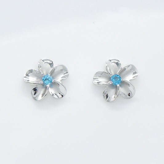 Hawaiian Plumeria Flower Blue Topaz Stud Earrings - 925 Sterling Silver