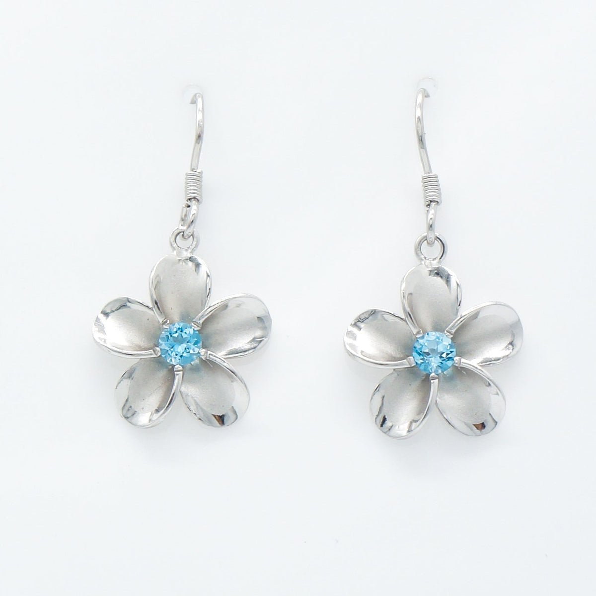 Hawaiian Plumeria Flower Blue Topaz Dangle Earrings - 925 Sterling Silver