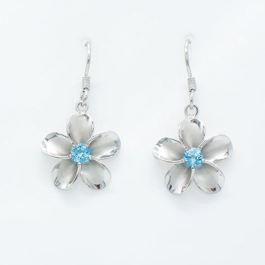 Hawaiian Plumeria Flower Blue Topaz Dangle Earrings - 925 Sterling Silver