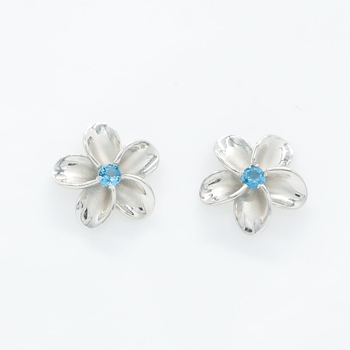 Hawaiian Plumeria Flower Blue Topaz Stud Earrings - 925 Sterling Silver