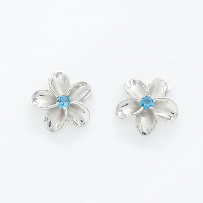 Hawaiian Plumeria Flower Blue Topaz Stud Earrings - 925 Sterling Silver