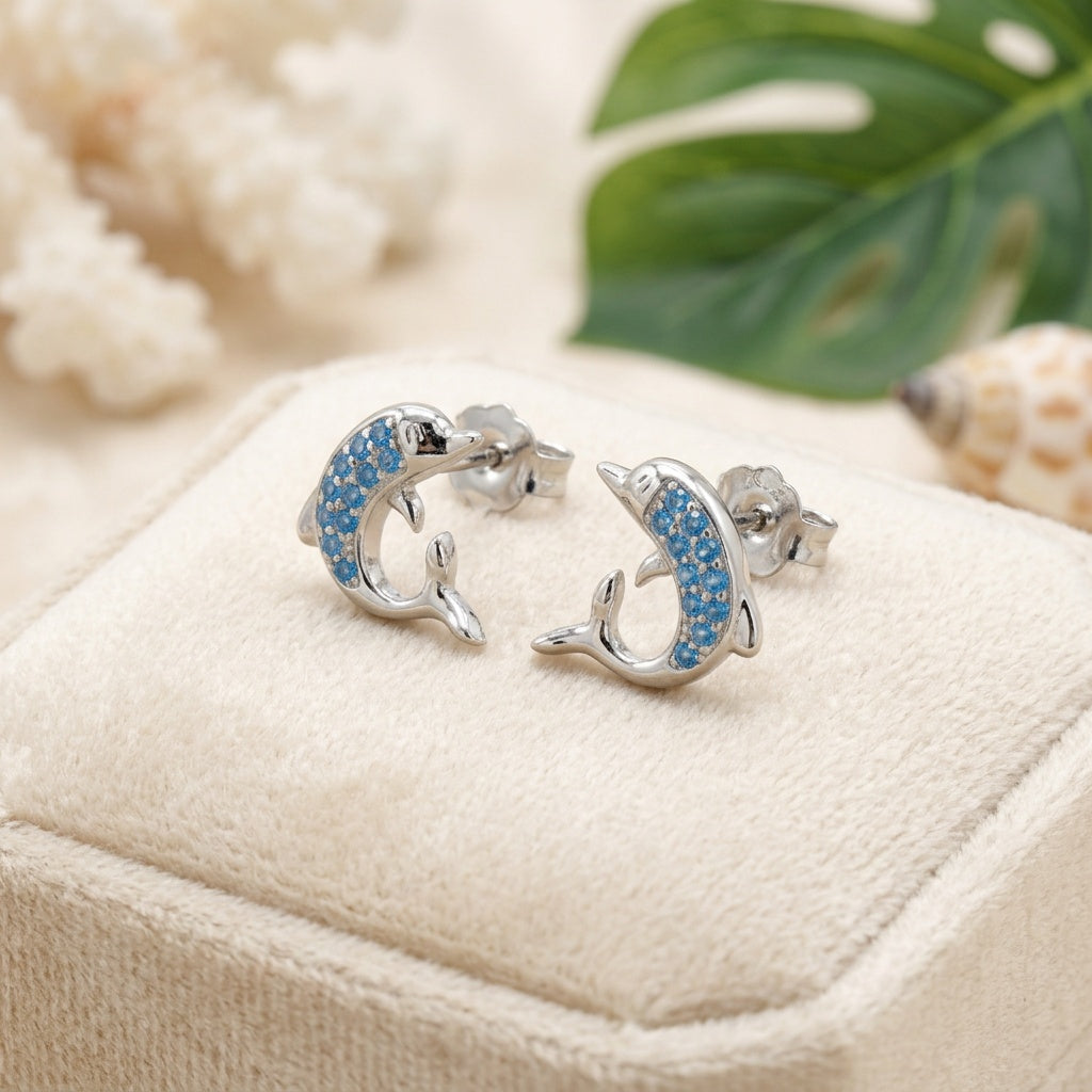 Hawaiian Dolphin Blue Topaz Pavé Stud Earrings - 925 Sterling Silver