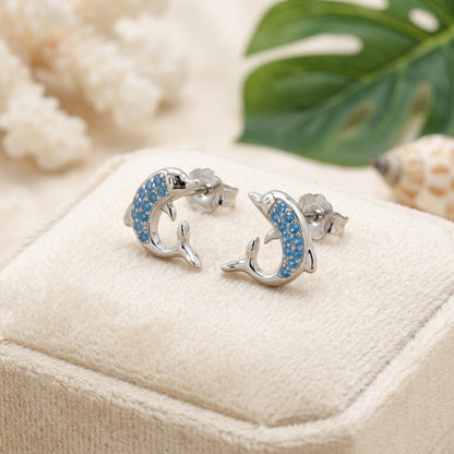 Hawaiian Dolphin Blue Topaz Pavé Stud Earrings - 925 Sterling Silver