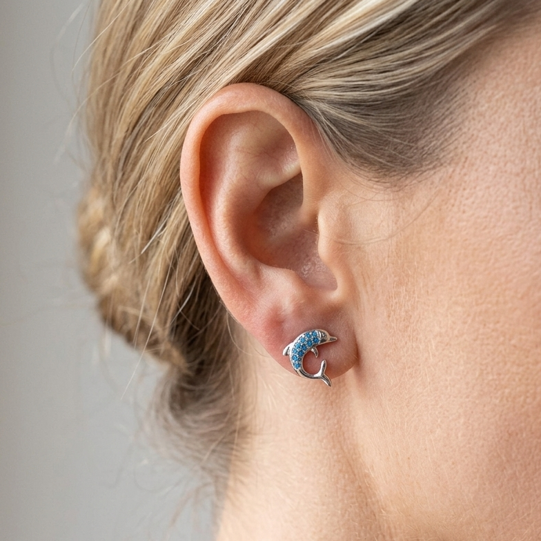Hawaiian Dolphin Blue Topaz Pavé Stud Earrings - 925 Sterling Silver