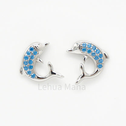 925 Silver Blue Topaz Dolphin Post Earrings, Blue Topaz Earrings, 925 Sterling Silver Jewelry, Stud Earrings, Dolphin Earrings