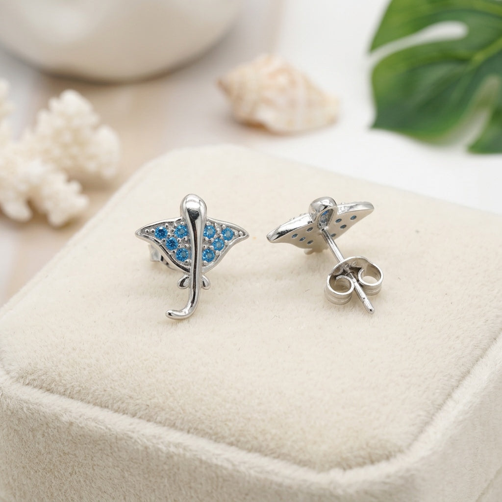 Hawaiian Manta Ray Pave CZ Stud Earrings - 925 Sterling Silver