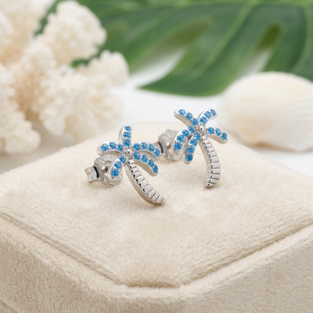 Hawaiian Palm Tree Pave CZ Stud Earrings - 925 Sterling Silver