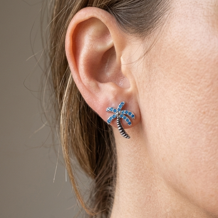 Hawaiian Palm Tree Blue Topaz Pavé Stud Earrings - 925 Sterling Silver