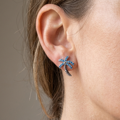 Hawaiian Palm Tree Blue Topaz Pavé Stud Earrings - 925 Sterling Silver
