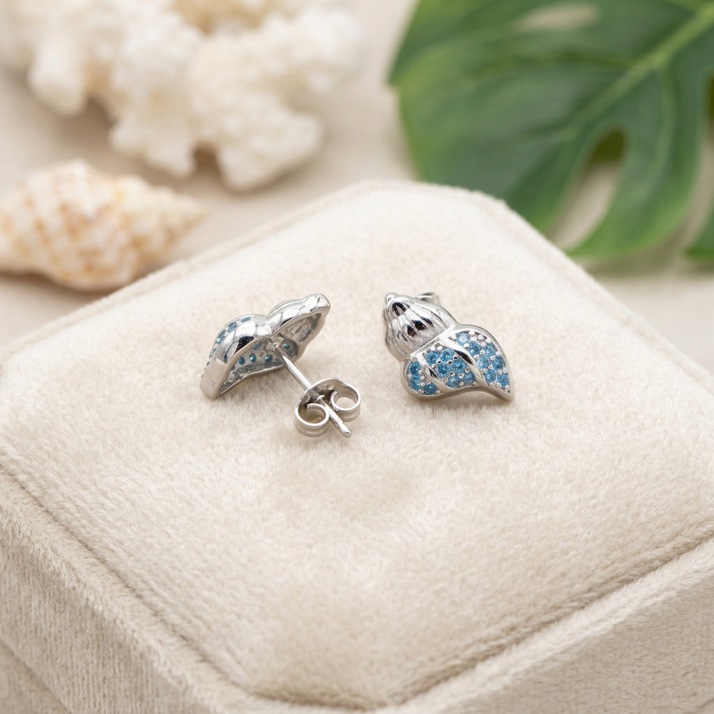 Hawaiian Conch Seashell Blue Topaz Pavé Stud Earrings - 925 Sterling Silver