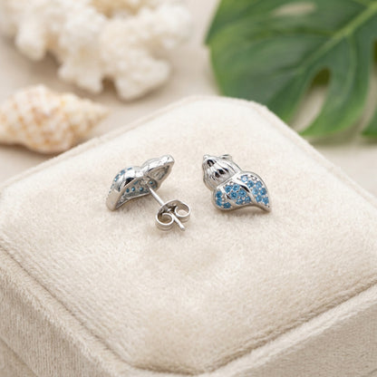 Hawaiian Conch Seashell Blue Topaz Pavé Stud Earrings - 925 Sterling Silver
