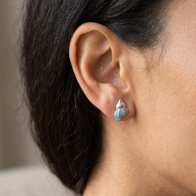 Hawaiian Conch Seashell Blue Topaz Pavé Stud Earrings - 925 Sterling Silver