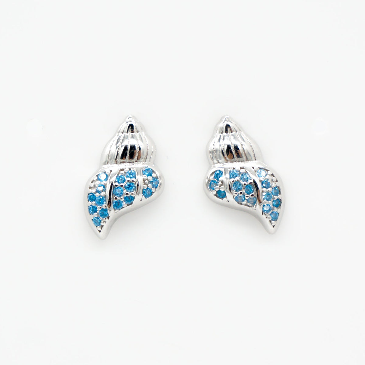 Hawaiian Conch Seashell Blue Topaz Pavé Stud Earrings - 925 Sterling Silver