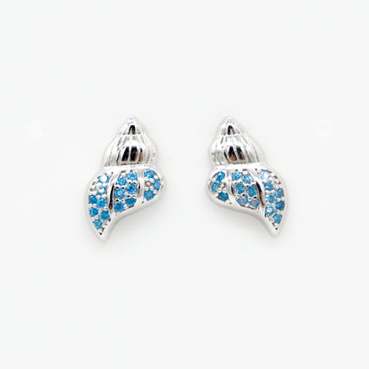 Hawaiian Conch Seashell Blue Topaz Pavé Stud Earrings - 925 Sterling Silver