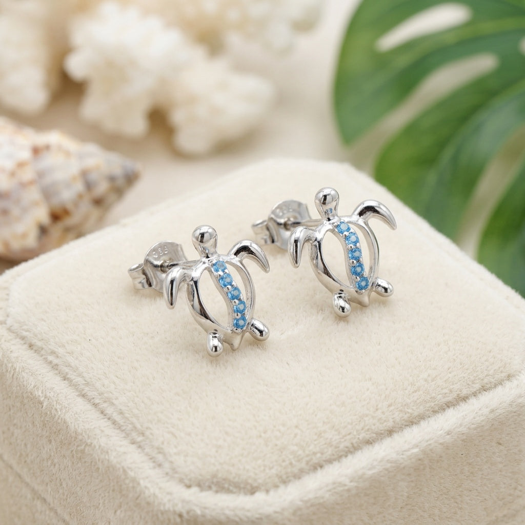 Hawaiian Honu Sea Turtle Open Cutout Pave CZ Stud Earrings - 925 Sterling Silver