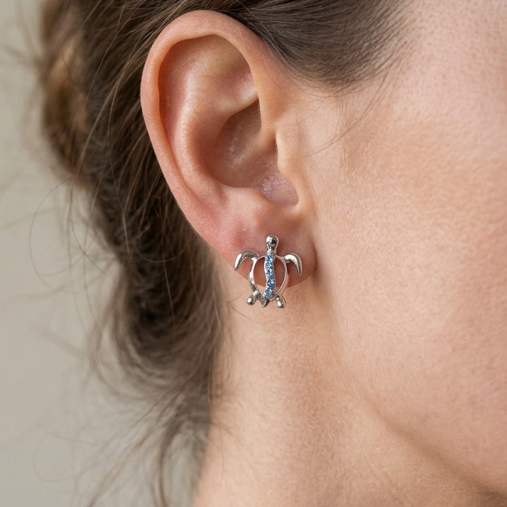 Hawaiian Ocean Sea Turtle Blue Topaz Stud Earrings - 925 Sterling Silver
