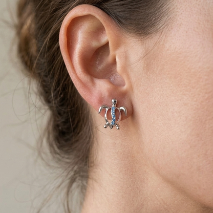 Hawaiian Ocean Sea Turtle Blue Topaz Stud Earrings - 925 Sterling Silver