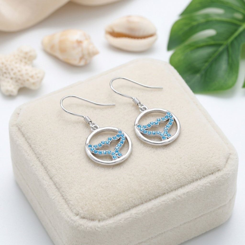 Hawaiian Circle Whale Tail Blue Topaz Pavé Dangle Earrings - 925 Sterling Silver