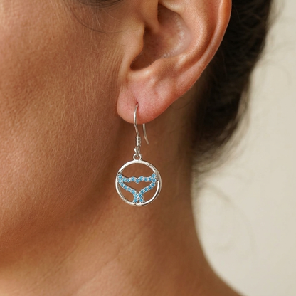 Hawaiian Circle Whale Tail Blue Topaz Pavé Dangle Earrings - 925 Sterling Silver