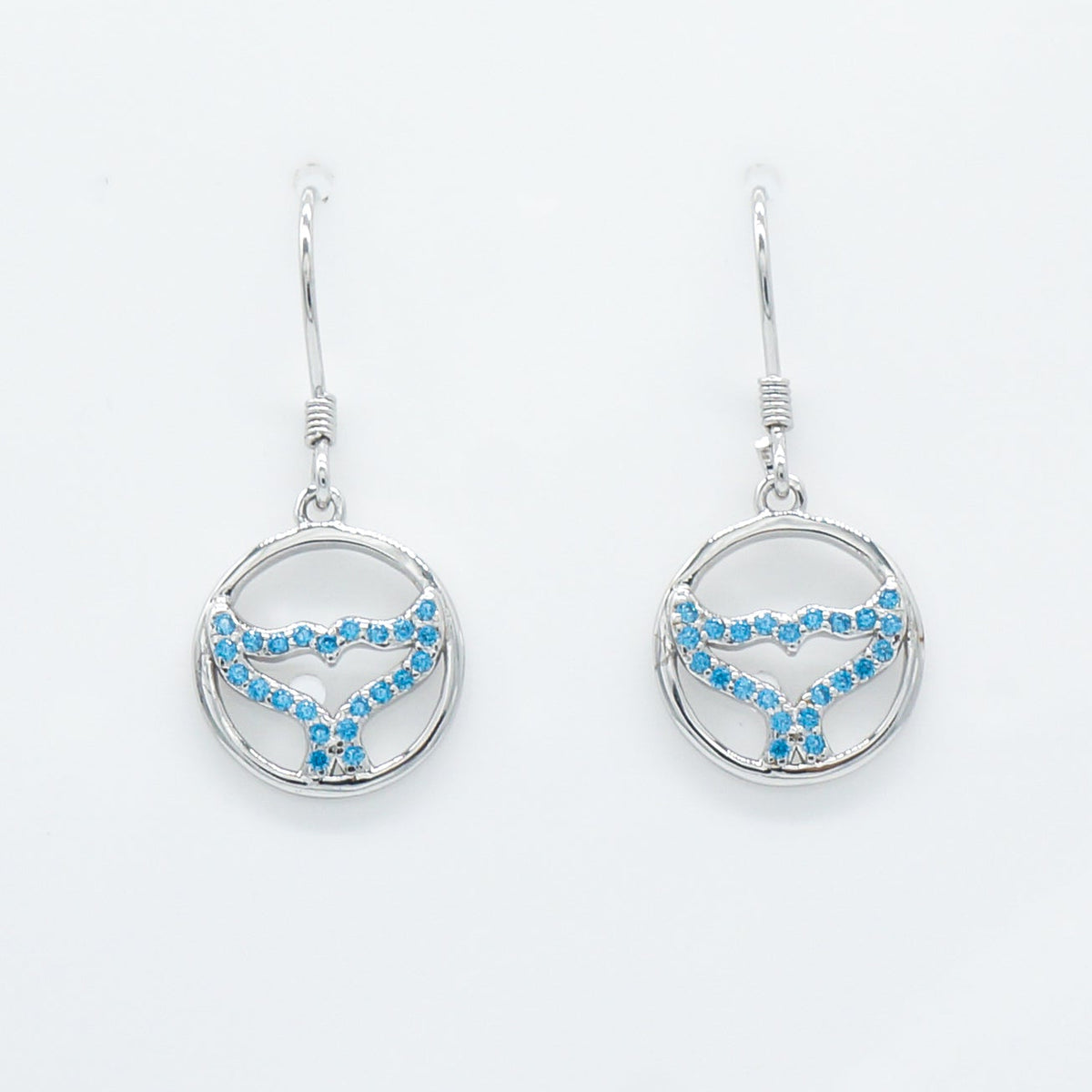 Hawaiian Circle Whale Tail Blue Topaz Pavé Dangle Earrings - 925 Sterling Silver