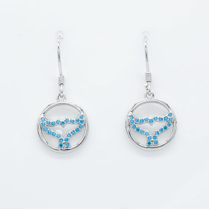Hawaiian Circle Whale Tail Blue Topaz Pavé Dangle Earrings - 925 Sterling Silver