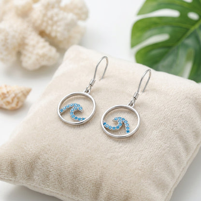 Hawaiian Circle Ocean Wave Blue Topaz Pavé Dangle Earrings - 925 Sterling Silver