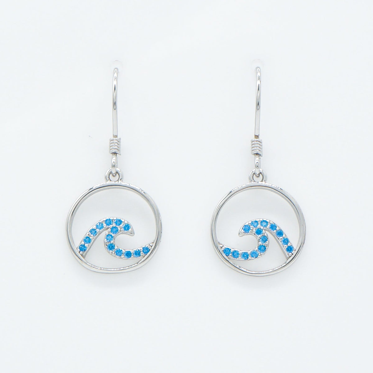 Hawaiian Circle Ocean Wave Blue Topaz Pavé Dangle Earrings - 925 Sterling Silver