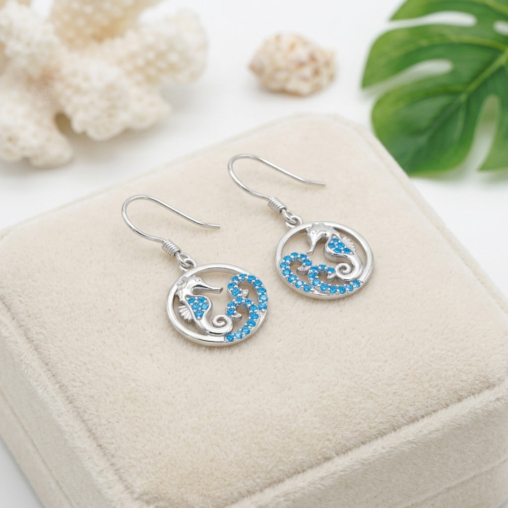 Hawaiian Circle Seahorse Wave Blue Topaz Pavé Dangle Earrings - 925 Sterling Silver