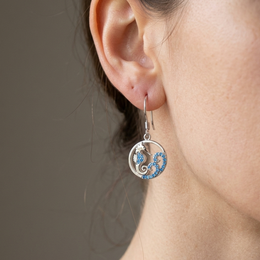 Hawaiian Circle Seahorse Wave Blue Topaz Pavé Dangle Earrings - 925 Sterling Silver