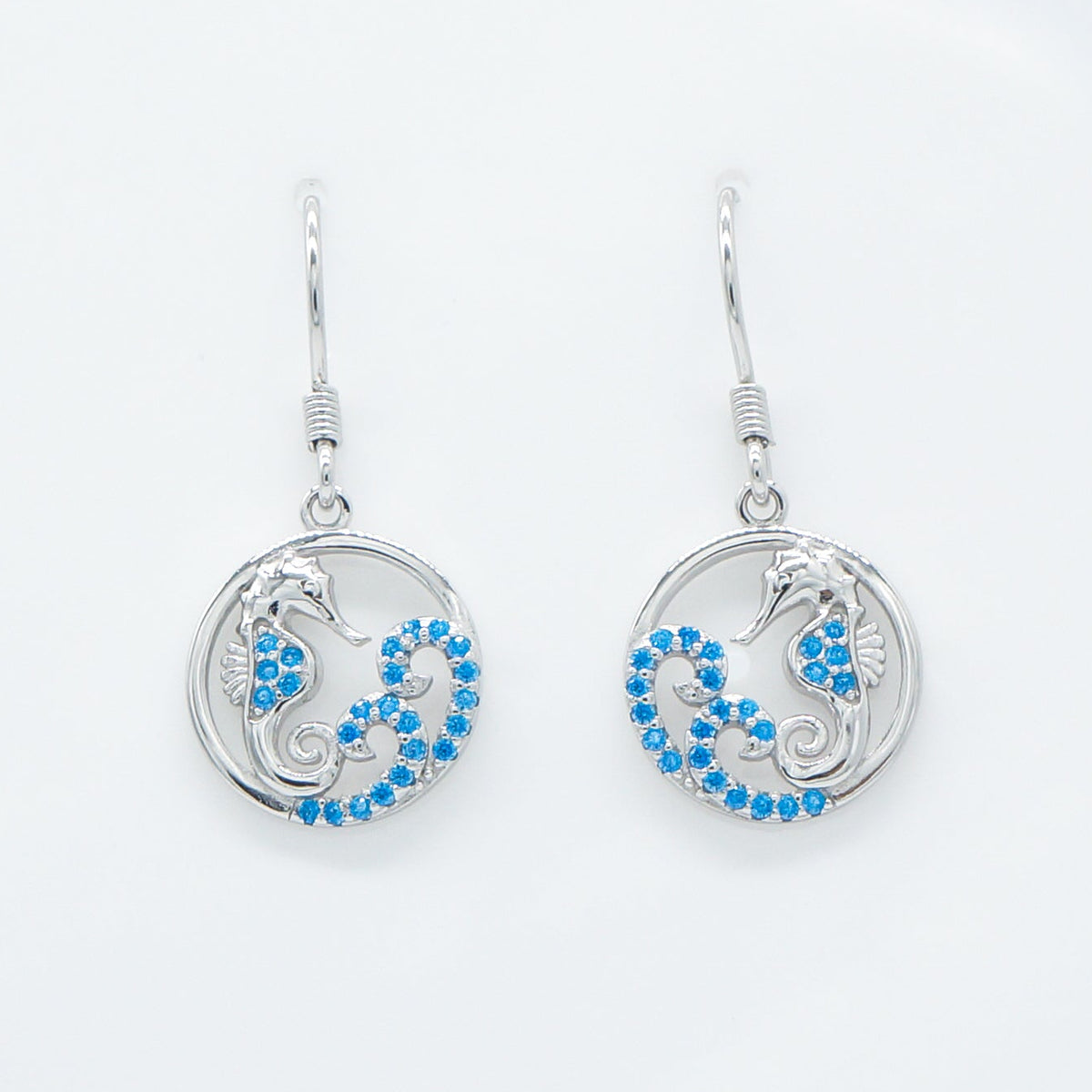 Hawaiian Circle Seahorse Wave Blue Topaz Pavé Dangle Earrings - 925 Sterling Silver