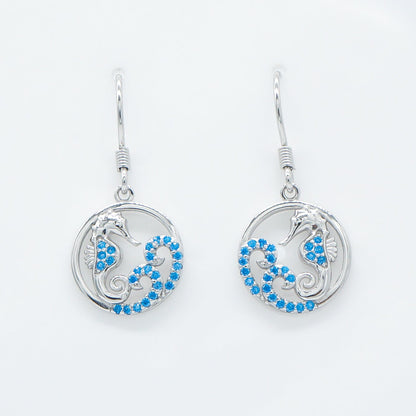 Hawaiian Circle Seahorse Wave Blue Topaz Pavé Dangle Earrings - 925 Sterling Silver