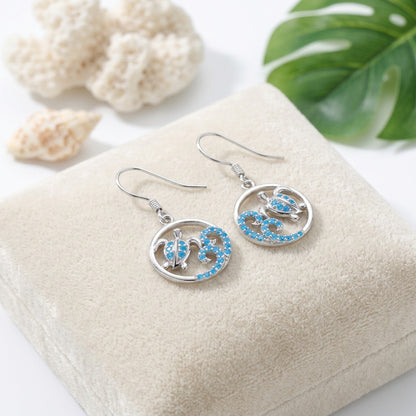 Hawaiian Circle Sea Turtle Wave Blue Topaz Pavé Dangle Earrings - 925 Sterling Silver