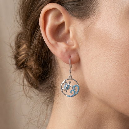 Hawaiian Circle Sea Turtle Wave Blue Topaz Pavé Dangle Earrings - 925 Sterling Silver