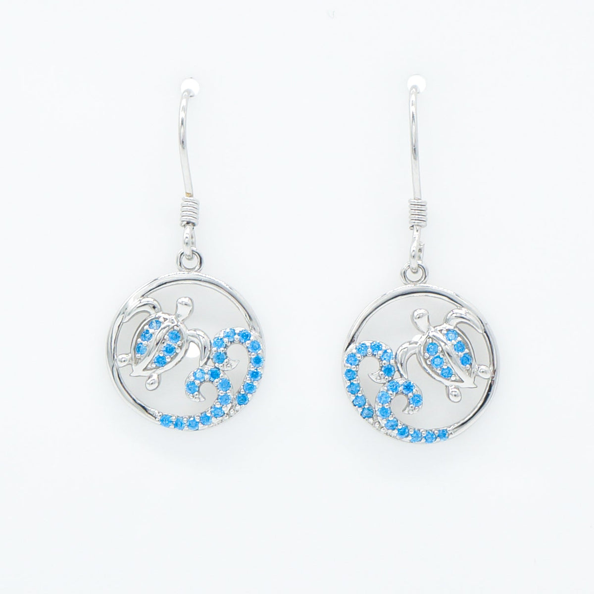 Hawaiian Circle Sea Turtle Wave Blue Topaz Pavé Dangle Earrings - 925 Sterling Silver