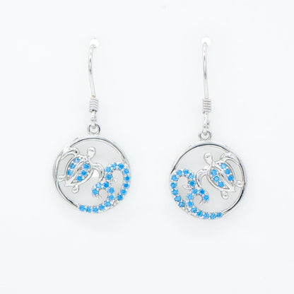 Hawaiian Circle Sea Turtle Wave Blue Topaz Pavé Dangle Earrings - 925 Sterling Silver