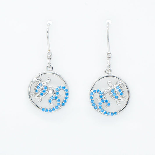 Hawaiian Circle Sea Turtle Wave Blue Topaz Pavé Dangle Earrings - 925 Sterling Silver