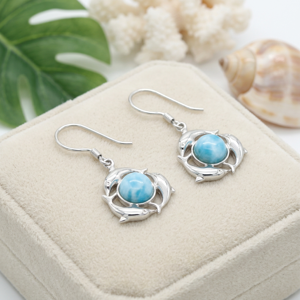 Hawaiian Dolphin Larimar Stone Dangle Earrings - 925 Sterling Silver