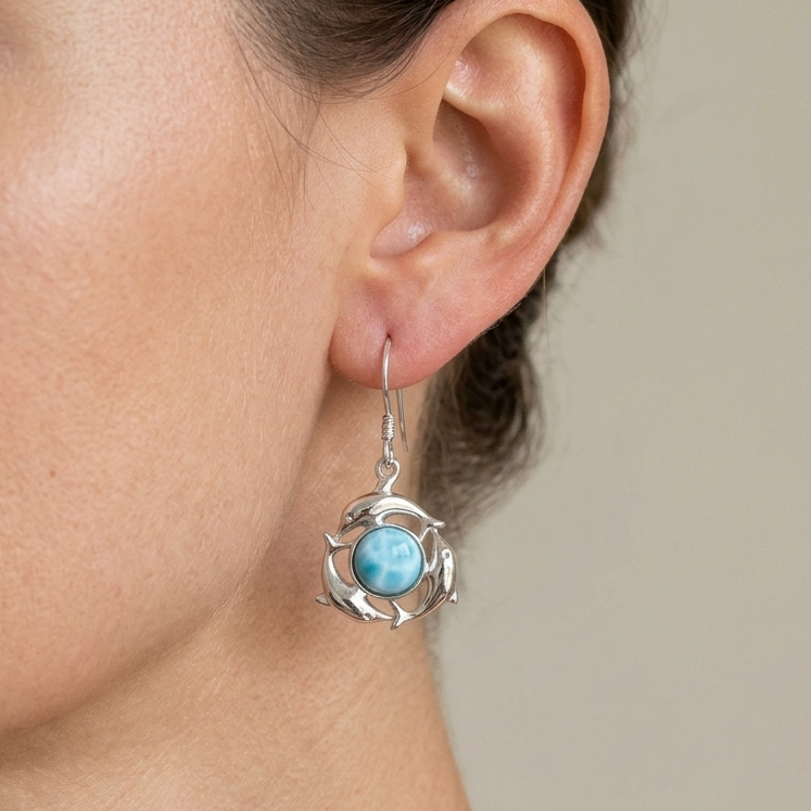 Hawaiian Dolphin Larimar Stone Dangle Earrings - 925 Sterling Silver